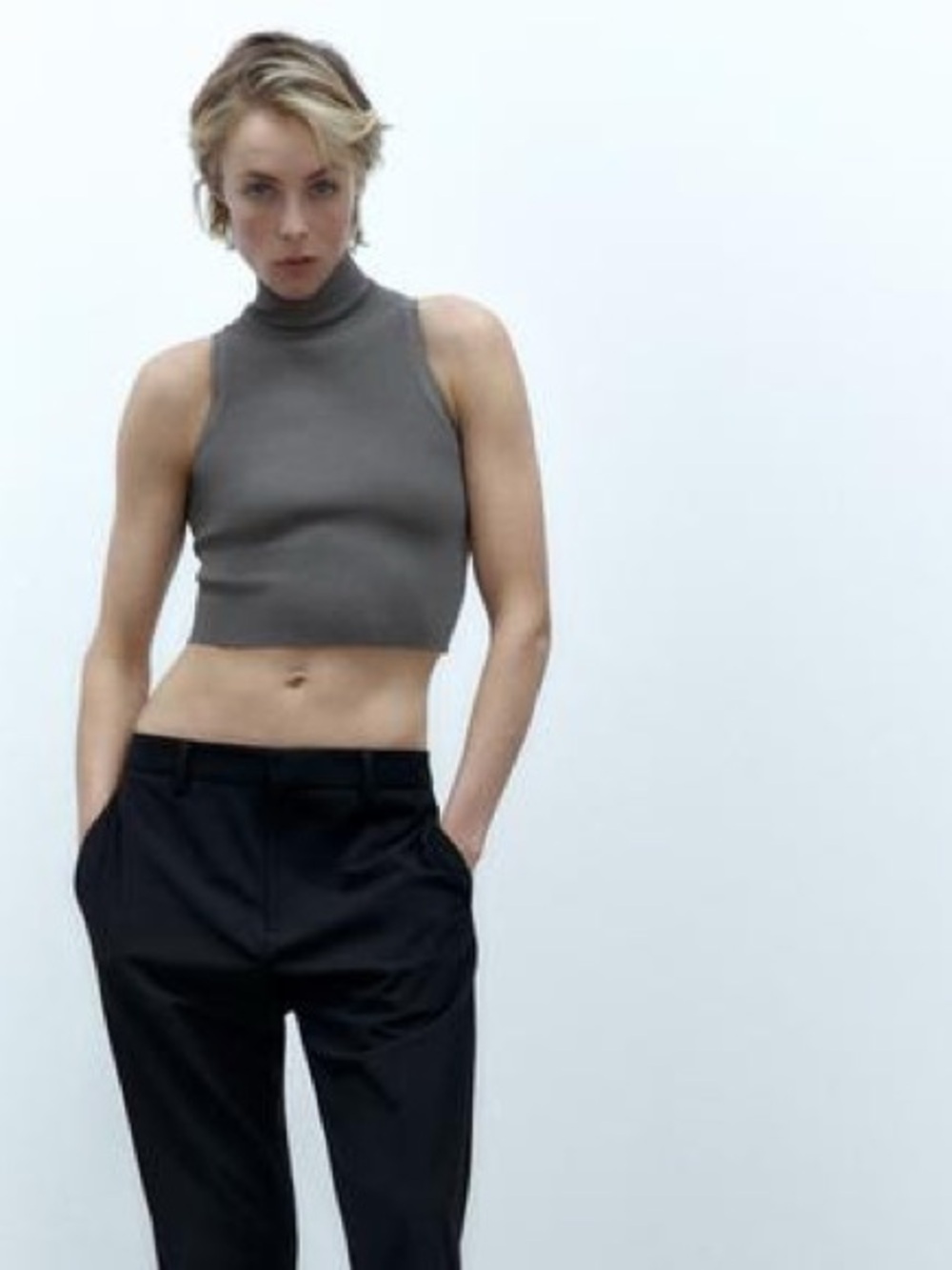 Zara Sleeveless Mock Neck Cropped Top - Gray